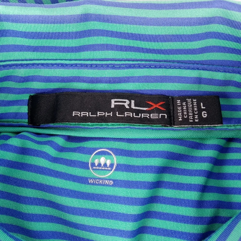 RLX Ralph Lauren Polo Shirt Blue Green Striped Large Golf Performance Preppy